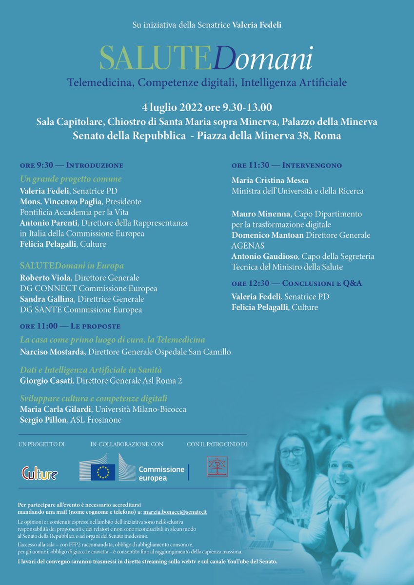 ‼️#SALUTEDomani‼️

Il #4luglio presso il #Senato presenteremo le 5 proposte di #innovazione della #salute elaborate con più di 40 #stakeholder

👉Per partecipare: SALUTEDomani.eventbrite.it 

Un progetto di <a href="/Culturesrl/">Culture</a> in collaborazione con <a href="/europainitalia/">UE in Italia</a> e patrocinio <a href="/PontAcadLife/">Pontifical Academy for Life</a>