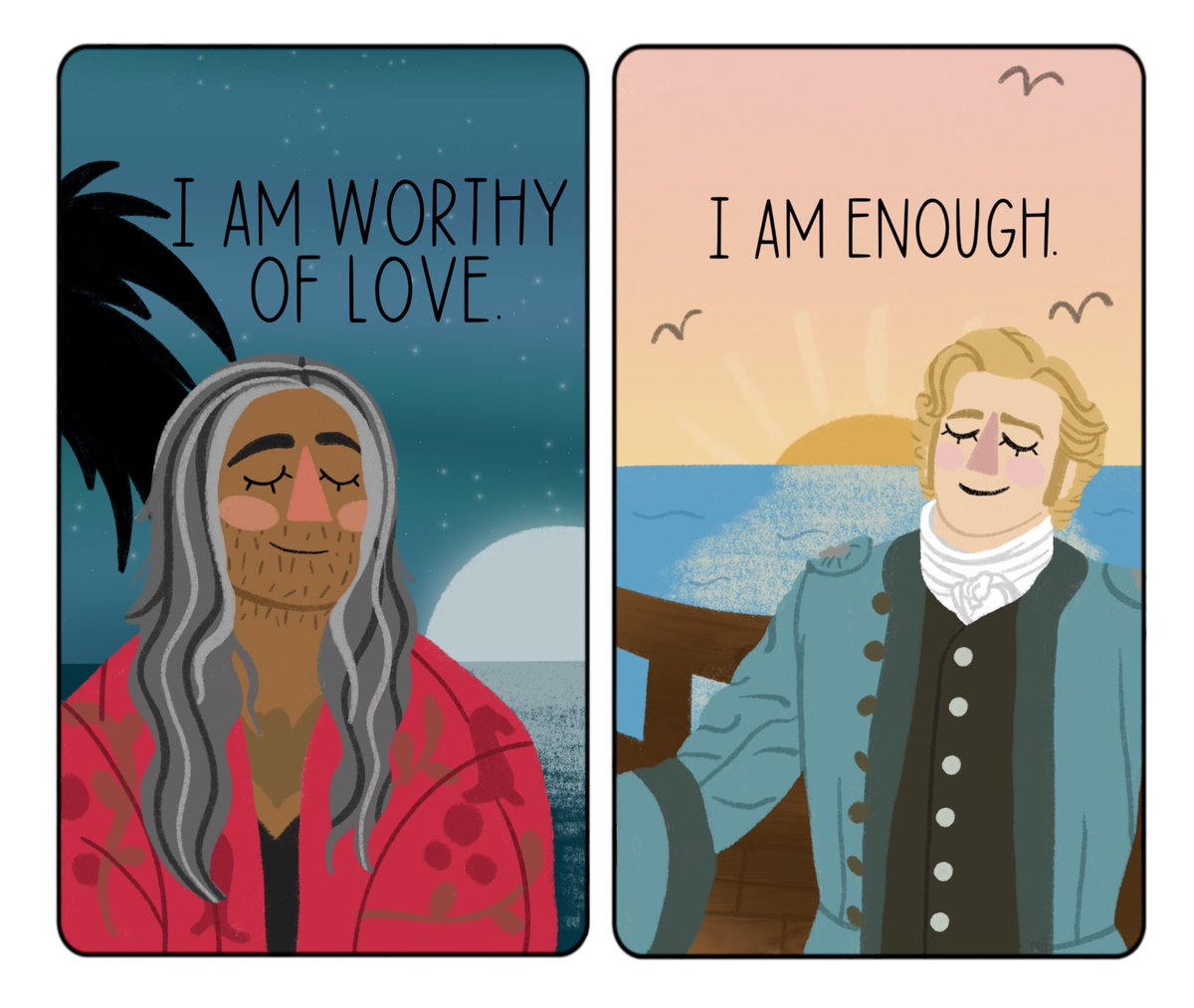 mikaplusfranz's tweet photo. I had planned on making tarot cards for OFMD, but a lot of people have already done that and it was feeling less original than I wanted. So, I thought about it more and decided to make an affirmation deck. So…

Our Flag Means Death Affirmation Deck 🧵 Part 1 ✨🏴‍☠️ Ed and Stede ♥️ https://t.co/sI1kN3kJb0
