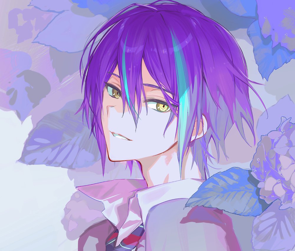 streaked hair solo yellow eyes 1boy male focus purple hair shirt  illustration images