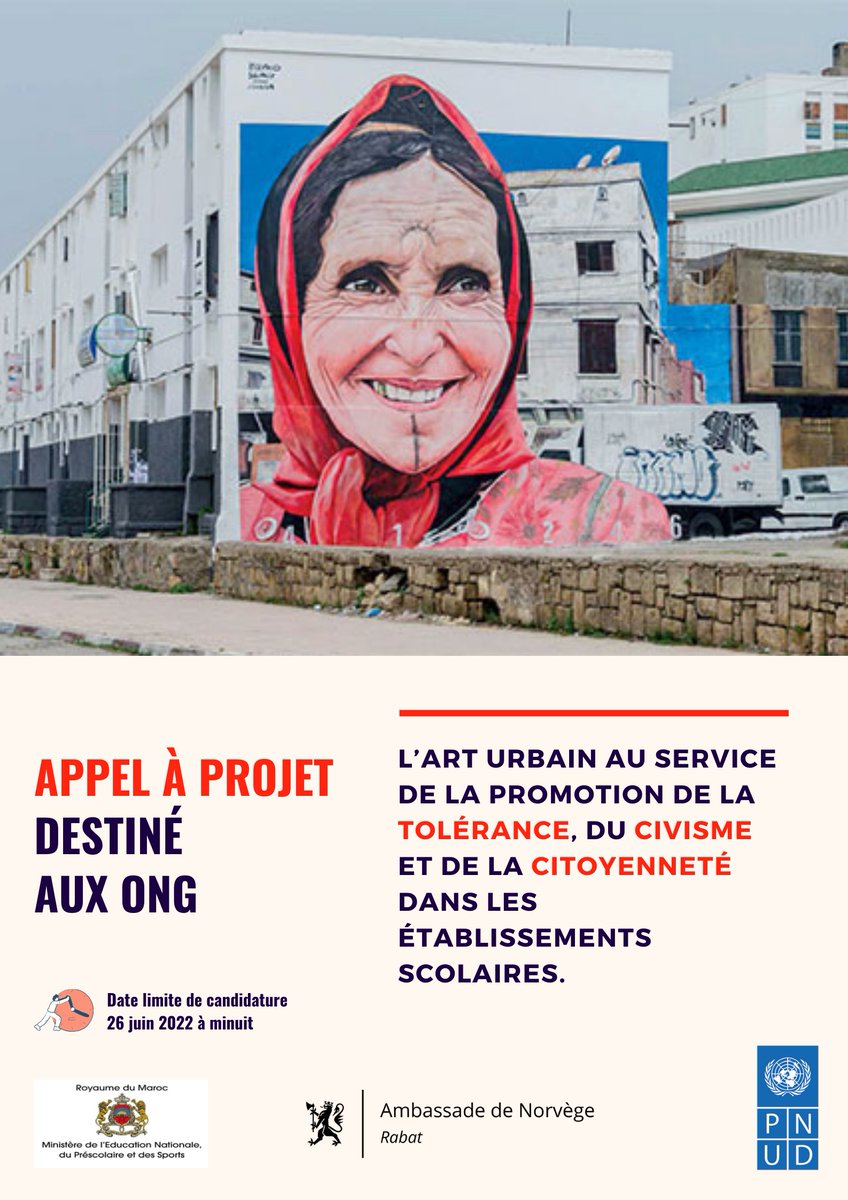 PNUDMaroc's tweet photo. ✅Vous êtes une #ONG qui promeut la tolérance, le vivre ensemble et une culture de l’égalité des genres à travers l’art urbain? 
✅Vous disposez d’une expérience confirmée dans la réalisation de fresques murales ?

⏳ Deadline: 26/06/2022 à minuit. 
👉https://t.co/uDph1XXT5w https://t.co/72PhjXfNWK