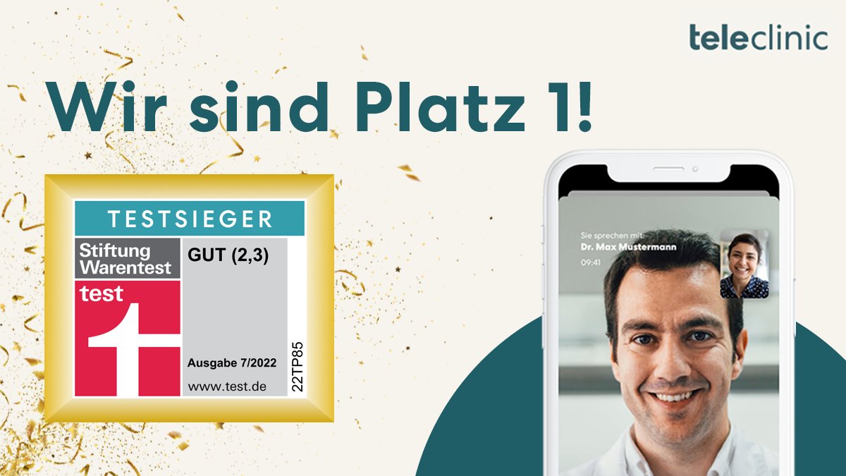 🏆 Testsieger Stiftung Warentest: „Die beste medizinische Behandlung – Anamnese, Diagnose, Verordnung von Medikamenten – bot im Test der Gesamtsieger Teleclinic. Er punktete auch beim Service: mit einem breiten Behandlungsspektrum und sehr guten Infos zum allgemeinen Ablauf.”