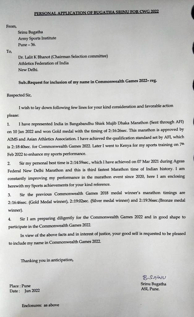 im_rajeevgupta's tweet photo. @WeAreTeamIndia Srinu Bugatha has achieved qualification standards set by @afiindia for full marathon still he is not in #CWG2022 list. He has achieved better time than CWG 2018  gold🥇. Pl consider legitimate request &amp; give justice @Media_SAI @Anurag_Office @adgpi @TheRahulMehra https://t.co/E6fqIWuqUy