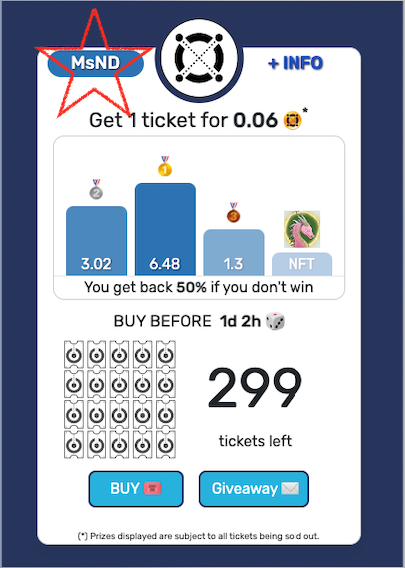 📢50% sold out 🤑
Remember 0.06, if you don't win you get half back. 
Non winning ticket price 0.03🔥

A special day for a good puzzle 🧩🤯
The first to answer correctly + RT + ❤️ will win 3 tickets

Why our raffle is called "MsND"?