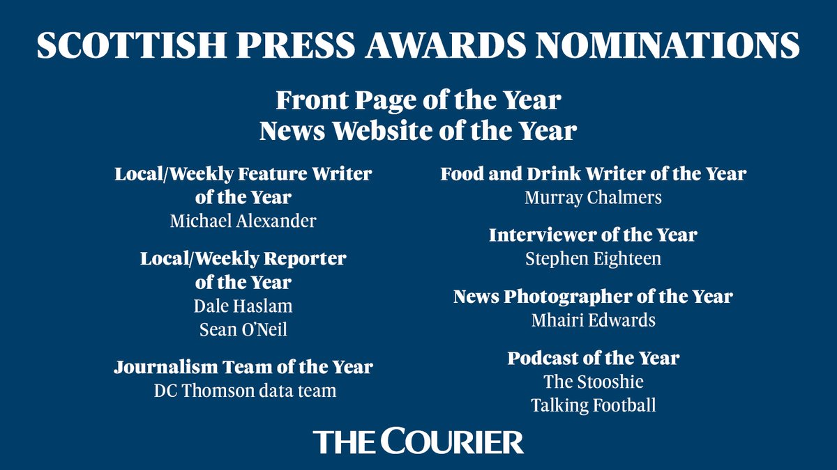 thecourieruk's tweet photo. The Courier has been shortlisted for 11 Scottish Press Awards, including Front Page of the Year and News Website of the Year🎉

It's a testament to the work of our talented journalists and our commitment to reporting local news that matters.

Read on to find out more. https://t.co/7g3lngAn7A