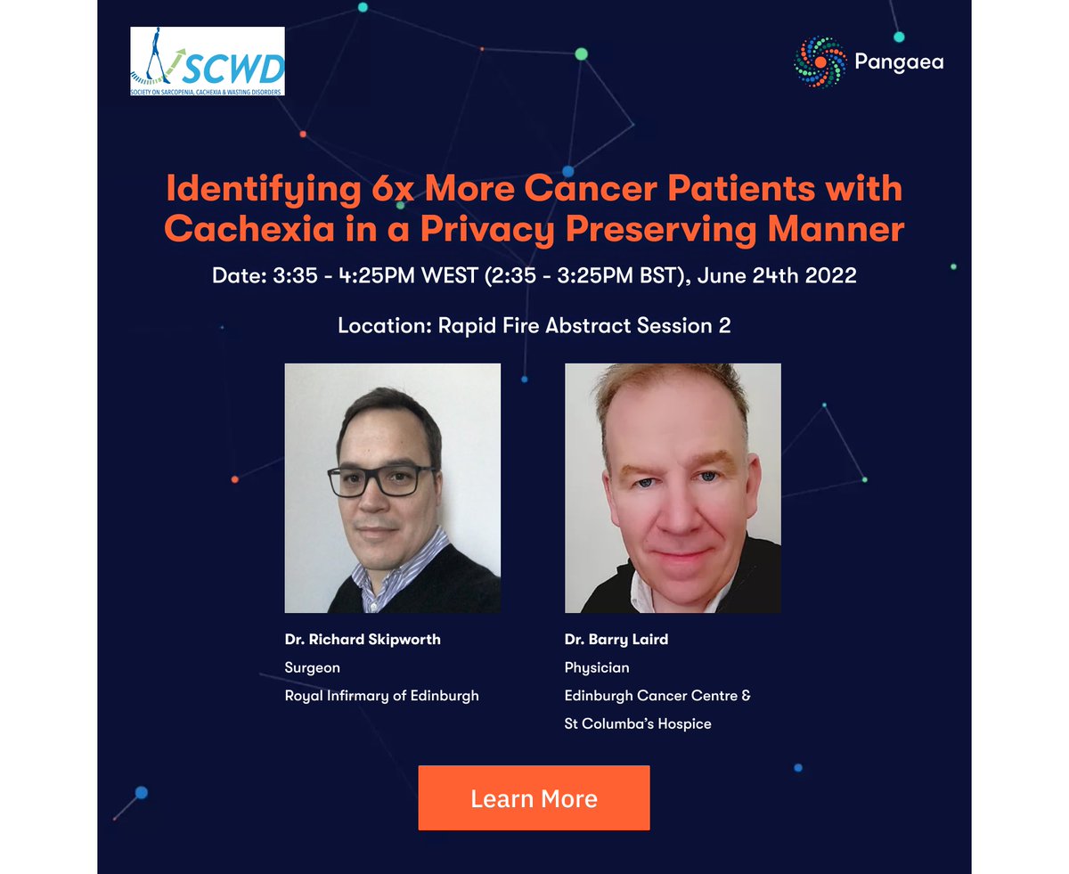PangaeaDataAI's tweet photo. @RichSkipworth & @laird_barry will present at #SCWD2022 the discovery of 6x more #undiagnosed & #miscoded #cancer #patients with #cachexia through @PangaeaDataAI 's novel #AI being applied in a #federated #privacy preserving manner https://t.co/PCdYr3o53m info@pangaeadata.ai https://t.co/b3fFPEGJhE