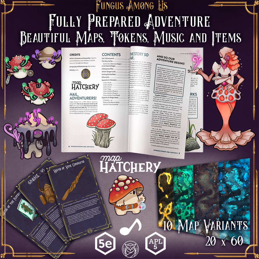 nightowlodyssey's tweet image. We had the absolute pleasure of working with @MapHatchery on our latest adventure! 

Will you be able to stop the villainous Lichen Mother from infecting the village of peace-loving Fungifolk? Find out in Fungus Among Us! Available now on Patreon!