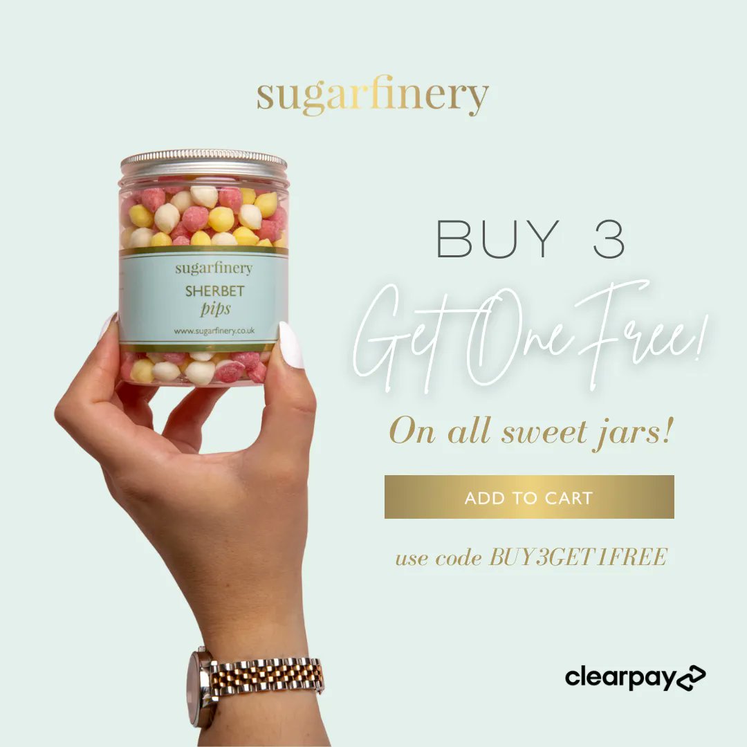Sugarfinery1's tweet photo. What’s better than 1 Sweet Jar? FOUR! 🍬 That’s right, shop our range of wonderful Sweet Jars filled with a variety of amazing treats and get one Sweet Jar absolutely free when you purchase three! Simply enter code BUY3GET1FREE at checkout. 😋  https://t.co/aG0KUAUpmD https://t.co/OyMfIctcWX