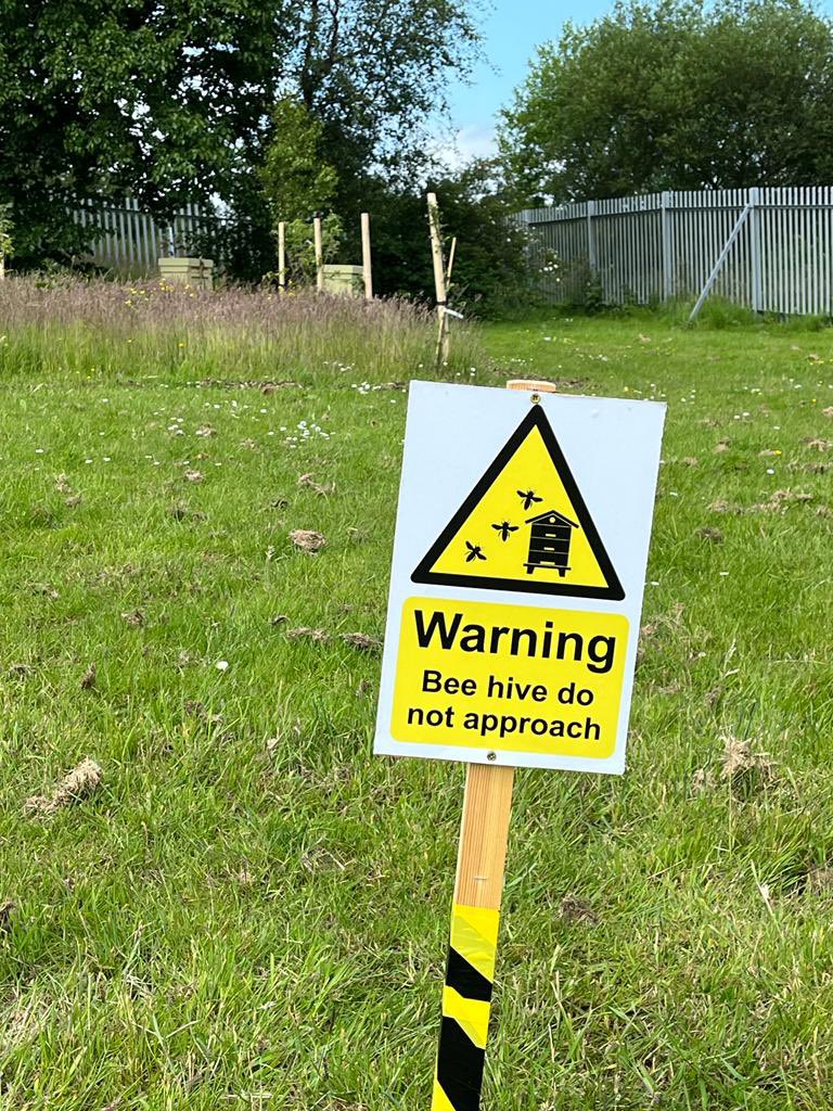 Columbuzz22's tweet photo. Thank you @StColumbasTech for the amazing signs !! Great job 🔨 reminding everyone to stay safe when around the hive area and working with the bees 🐝🐝 https://t.co/99IVYZLaI8