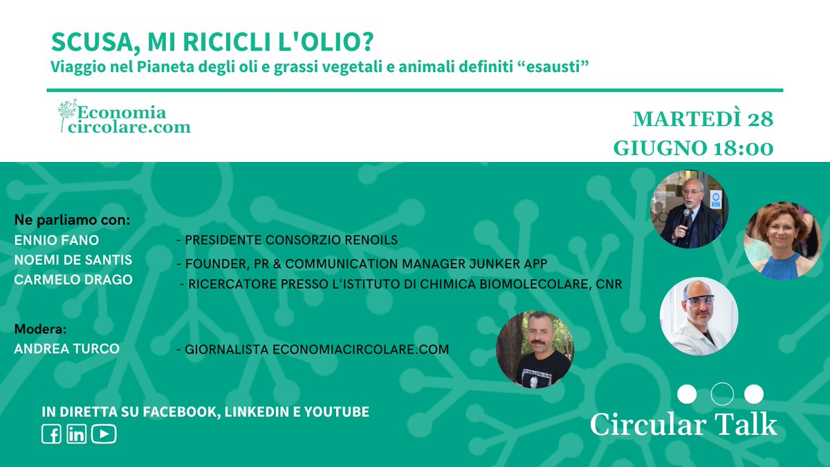 EcoCircolareCom's tweet photo. ♻️ In occasione dell’uscita del nuovo dossier: “Scusa, mi ricicli l’olio?” di Economia Circolare e @JUNKER App, un #circulartalk dedicato al tema degli oli definiti “esausti” e alla potenzialità inespressa di un settore prezioso sconta ancora un ritardo enorme. https://t.co/0HHdWz9PeF