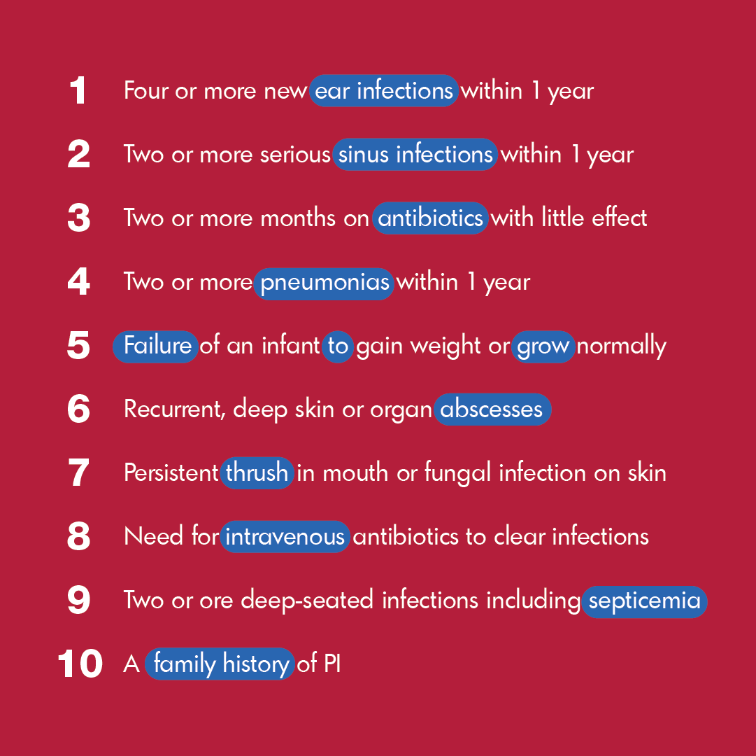 Info4PI's tweet photo. Working on our word search? Look for the words in blue from the 10 Warning Signs of #PrimaryImmunodeficiency. Can you spot the #10WarningSigns? If you or your child exhibit 2 or more, it's time to see a doctor. We'll share the answer key at 8pm ET. Happy searching! 🔍 (2/3) https://t.co/b7K1HumvPQ