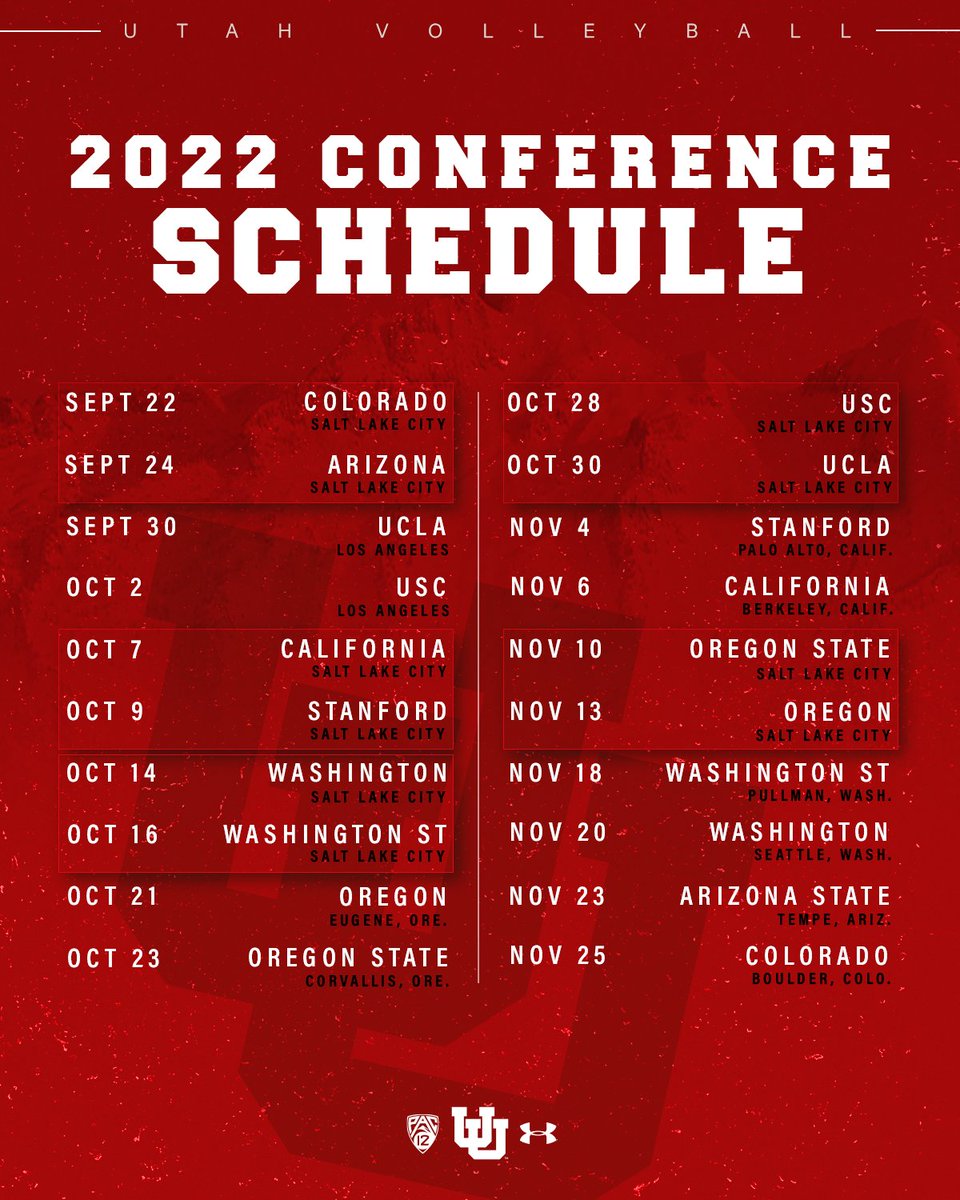 UtahVolleyball's tweet photo. Mark your calendars... our 2022 𝐬𝐜𝐡𝐞𝐝𝐮𝐥𝐞 is 𝐇𝐄𝐑𝐄!! 👀 Utah Volleyball is coming 🔜

🗞️: https://t.co/aakQwxHpNo
📅: https://t.co/WuZKR9dNxu https://t.co/i1iN7FBNty