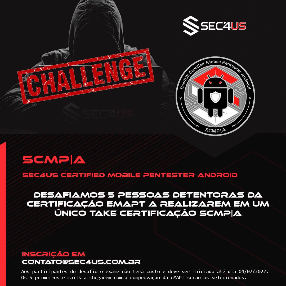 helvioju's tweet photo. Desafiamos 5 pessoas detentoras da certificação eMAPT a realizarem em um único take certificação SCMP|A.
We dare 5 eMAPT certification holders to make SCMP|A exam.
#scmpachallenge #mobilechallenge #sec4us https://t.co/C3EAdAirhT