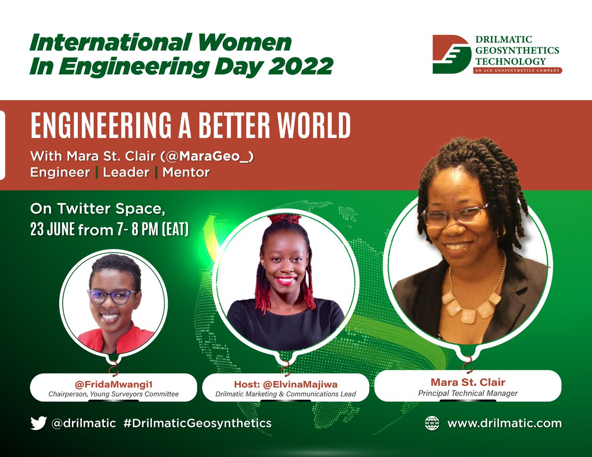 Happy International Women In Engineering Day!!
Join us this evening on Twitter Space as we talk about engineering a better world 
Link: x.com/i/spaces/1yNGa…

#ImagineTheFuture #INWED2022 #DrilmaticGeosynthetics #GeosyntheticsKE