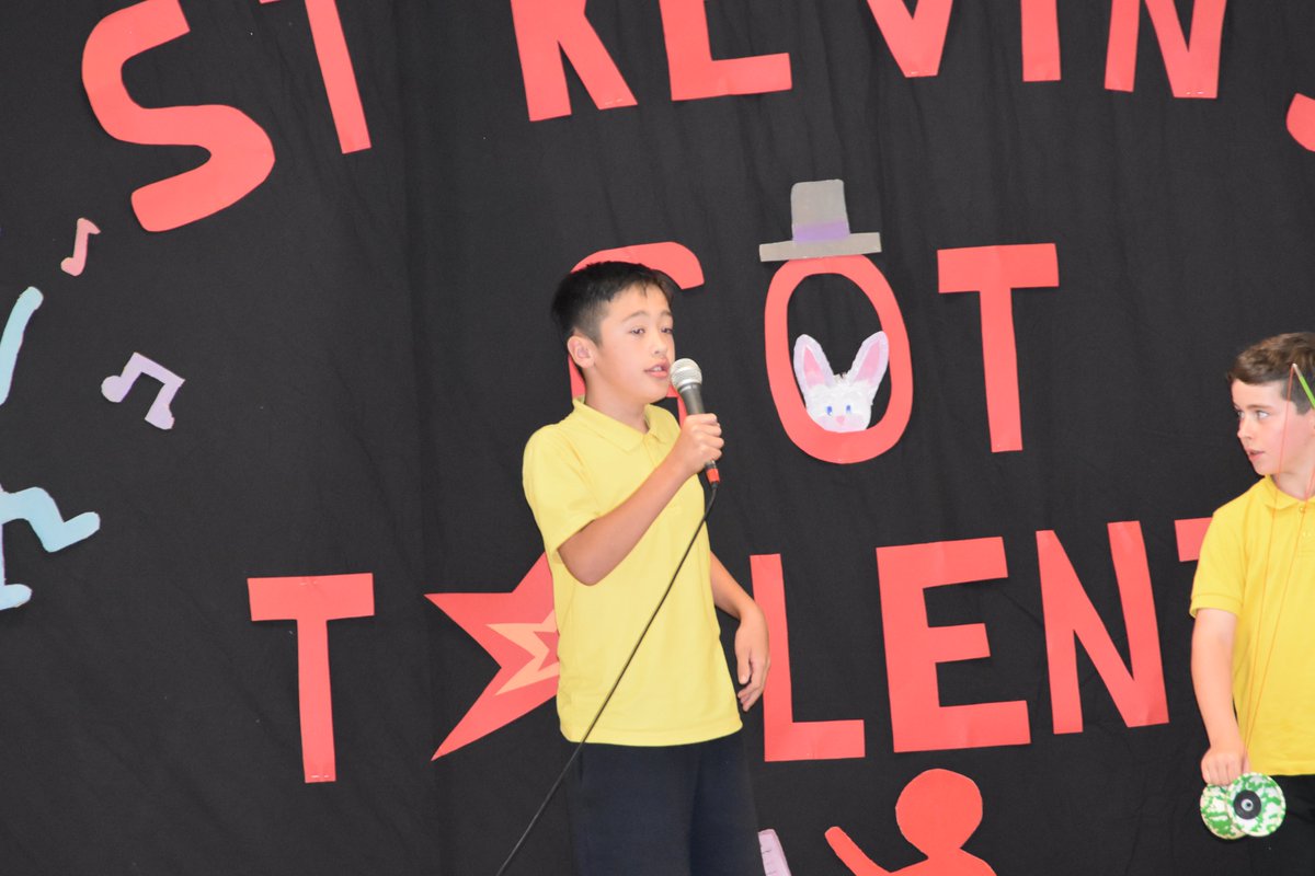 Fantastic Talent on Show today at St. Kevin's Got Talent - pictured are Aidan - Winner of the Mary Purcell Cup for Poetry as well as the Talent show winners - Jamie (What a voice !); Calum &amp; Bradley (Magicians) &amp; Nathan (Diablo supremo). Congratulations to all who entered.