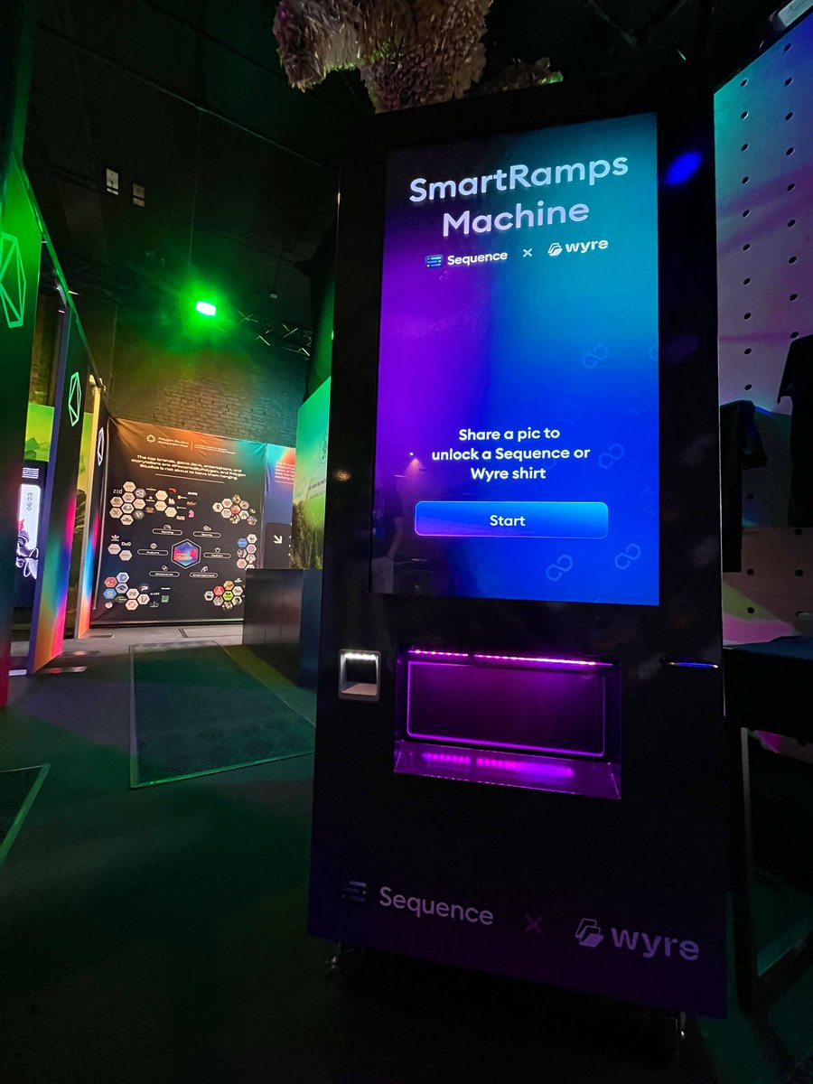 0xsequence's tweet photo. gm frens 👋🏾

It’s our last day at the @polygonstudios  Hub and we still have some merch left in our #smartramps machine! Come by, meet some team members and snag a dope tee 👾

#buildwithsequence @NFT_NYC @sendwyre https://t.co/IM6QJ0WO3W