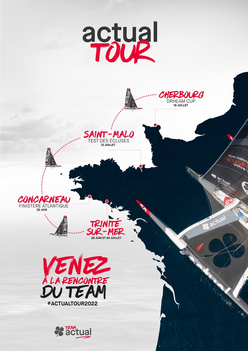 team_actual_'s tweet photo. #ACTUALTOUR2022 | Venez rencontrer le Team ! 🔴⚫️ 
- 3️⃣0️⃣ juin à Concarneau 📍
- 1️⃣2️⃣ juillet à Saint-Malo 📍
- 1️⃣6️⃣ juillet à Cherbourg 📍 
- 2️⃣8️⃣ juin | 2️⃣4️⃣ juillet à la Trinité-Sur-Mer 📍
À J-3 de chaque date, on vous apportera des précisions  sur les créneaux de rencontre.😉 https://t.co/QwCFrbhK8r