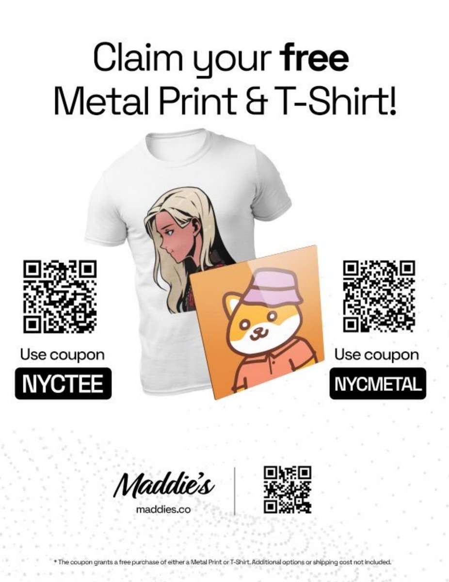maddies_co's tweet photo. We're having a blast here in NFT NY.
Tons of new projects onboarding. 
We want to keep the feeling going and we're doing major giveaway this week. 
Claim a FREE T-Shirt and Metal print with your own NFT!!  
https://t.co/ygyKrLMkDd
https://t.co/OzV07YvyHv
Please SHARE! Follow &amp; RT https://t.co/VCTC8qe01N