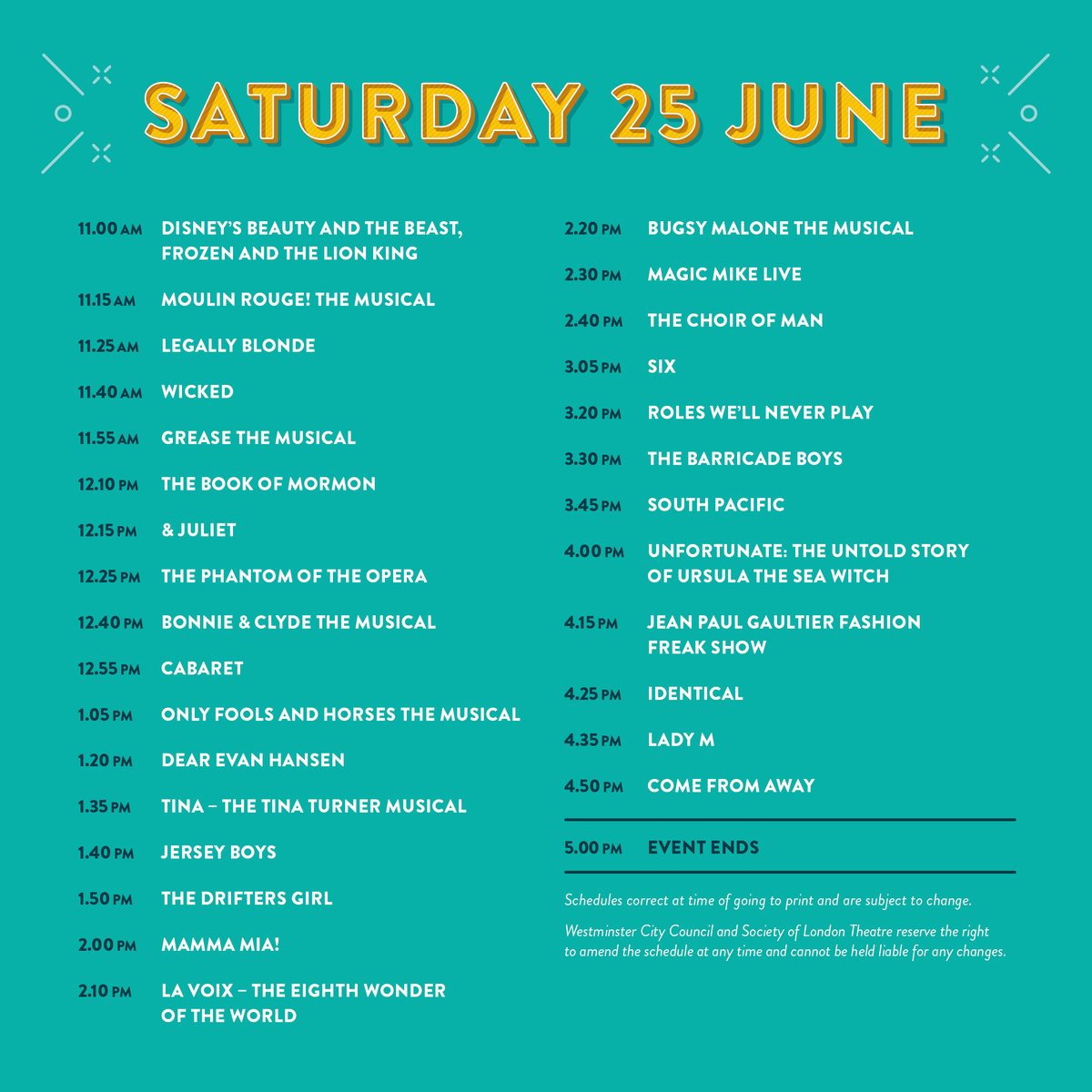 WestEndLIVE's tweet photo. A reminder of your INCREDIBLE line up for this weekend ☀️ #WestEndLIVE https://t.co/cumBTegtij