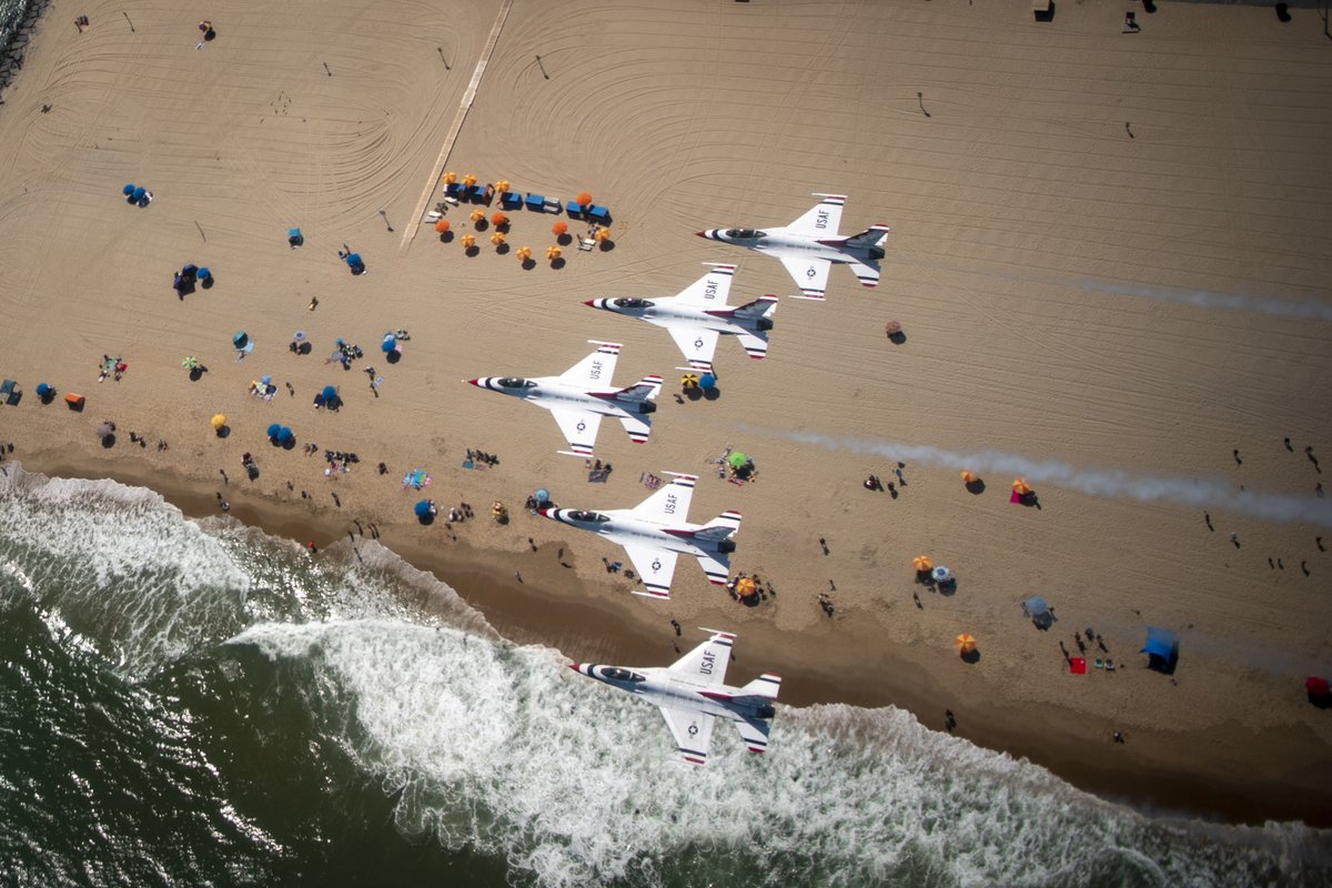 DeptofWar's tweet photo. The @AFThunderbirds headline the OC Air Show in Ocean City, Md. #DYK The Thunderbirds were officially activated June 1, 1953, as the 3600th Air Demonstration Team at @LukeAFB, Ariz. Their first aircraft was a straight-winged F-84G Thunderjet. https://t.co/MP04WQCWT0