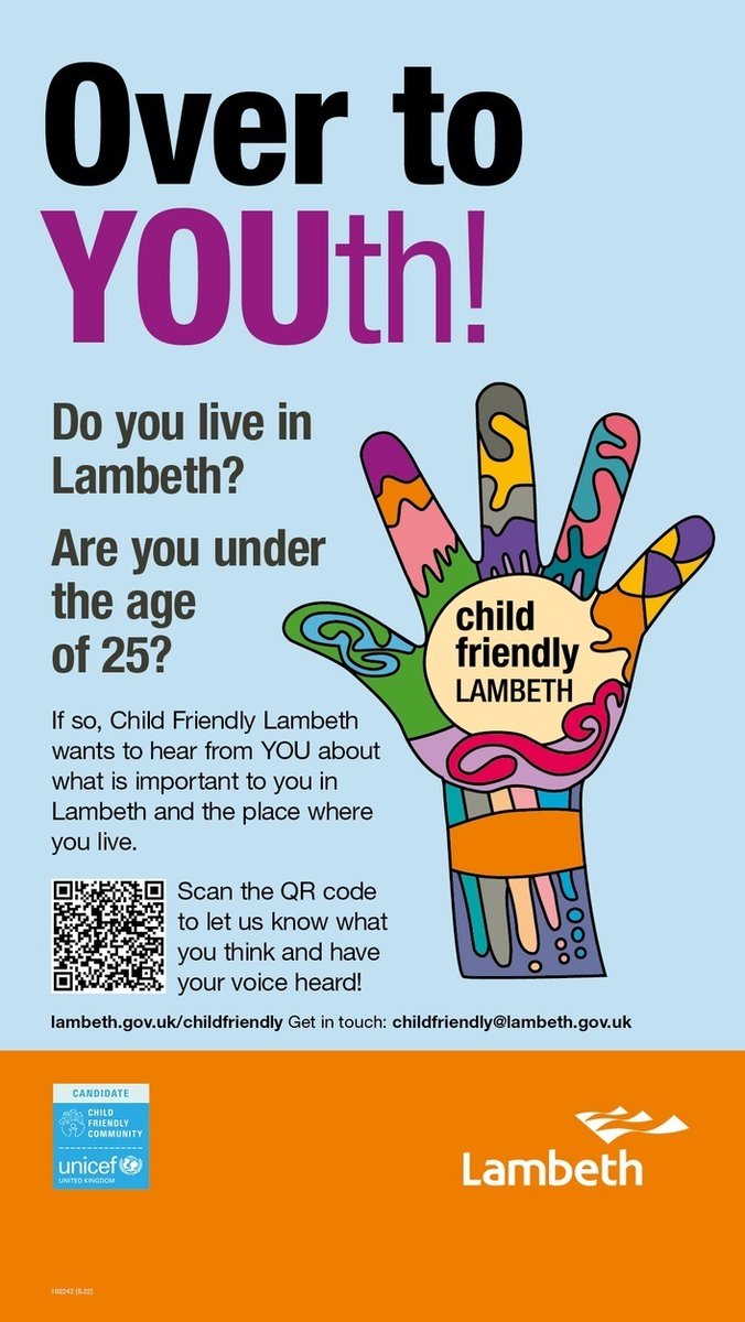 📣  Help us make #Lambeth more #childfriendly!📣 

We want to hear 👂 from children &amp; young people (up to 25) about their priorities and what is important to them!

Answer a short survey 👉 orlo.uk/Nk5Z0