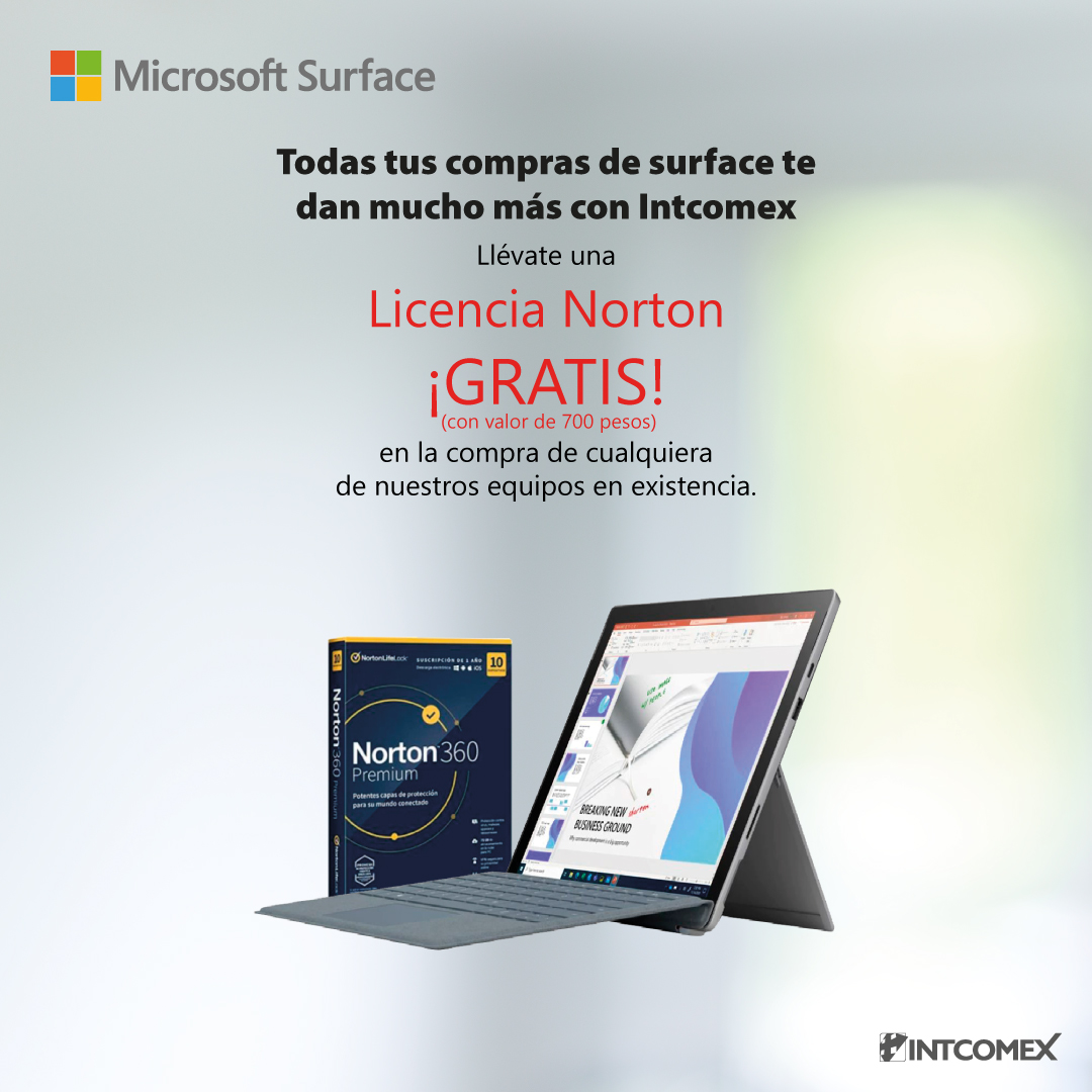 ¡En Intcomex llevas tus equipos Microsoft Surface con más! 💻➕ Antivirus Norton 360 GRATIS + Microsoft USB-C Travel a precio especial. Aprovecha la oferta y realiza tu compra aquí 👉 bit.ly/3n9dDOm

*¡Válido con cualquier equipo Microsoft Surface en existencia!