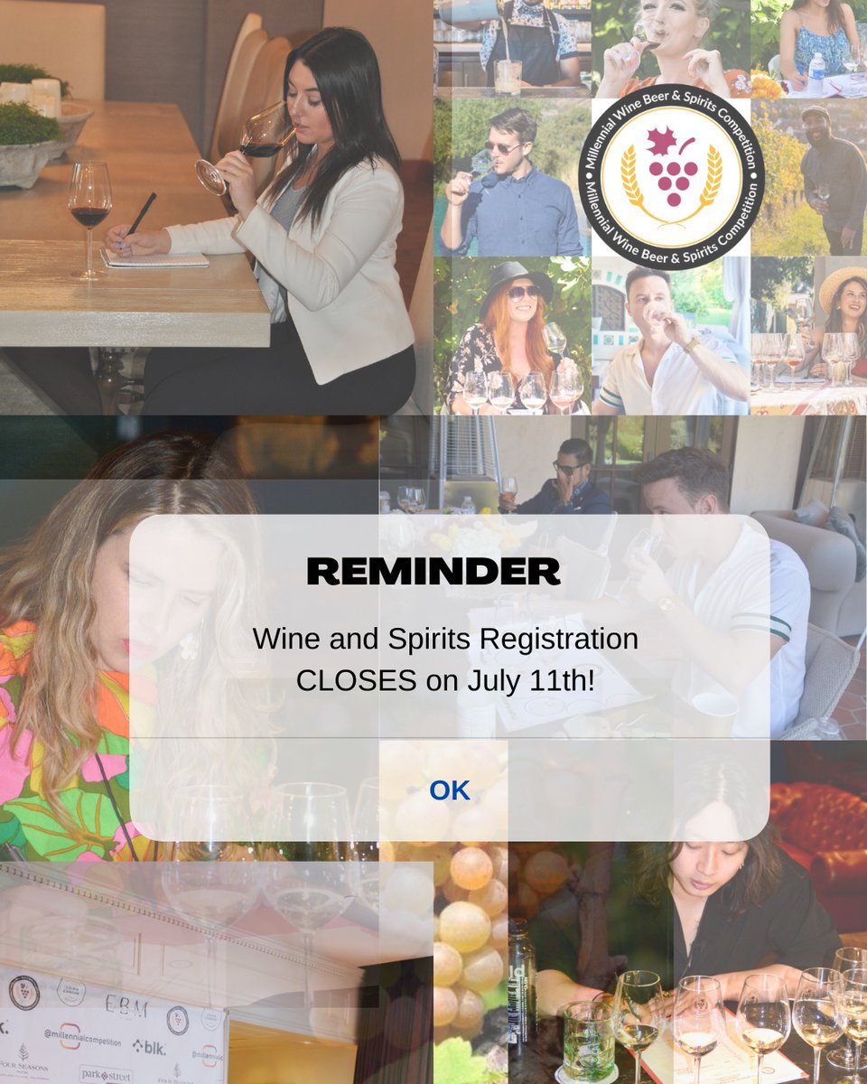 MillennialComp's tweet photo. Hey you!  Have you registered your wine and spirits yet?  Only 19 days left until registration closes- don't miss out!!

#wine #beer #winetime #drink #drinkup #drinks #cocktail #cocktails #cocktailrecipes #competition #millennial https://t.co/aLDuSvdyys