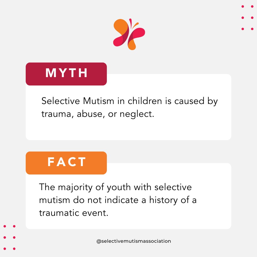FindTheirVoices's tweet image. Selective Mutism is more often the result of anxiety, avoidant behavior, and well-learned patterns of removing themselves from speaking situations. #commonmisconceptions #nowyouknow

For more information on what SM is and is not, visit the link below. 

selectivemutism.org/what-is-sm/