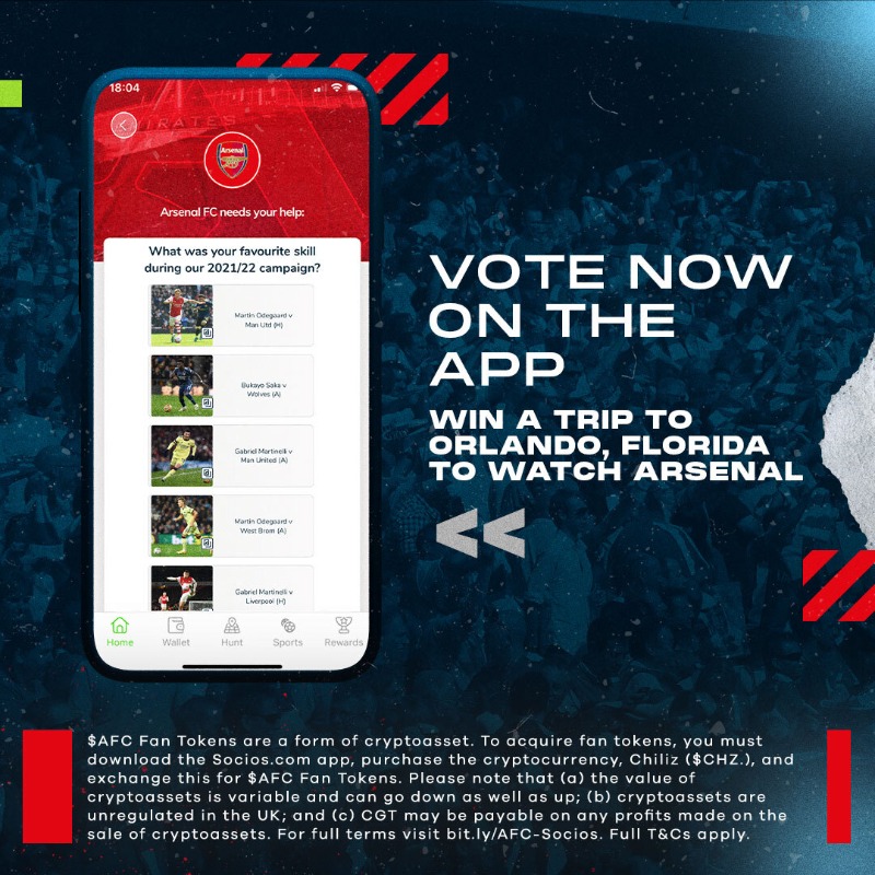 Arsenal's tweet photo. Vote for your favourite skill of the season with @Socios and be in with the chance of joining us in Orlando! 🇺🇸 
 
Click below to have your say 👇
 
⚠️ T&amp;Cs: https://t.co/vlwrWzPABw | https://t.co/64r4jbU1Cg