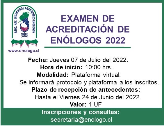 agrariasutalca's tweet image. [Examen de Acreditación de Enólogos 2022] @enologoschile  
🍇 Este jueves 7 de julio a las 10:00 h se rendirá el Examen de Acreditación de Enólogos 2022 en modalidad on line. Invitamos a nuestra comunidad de #agronomía a participar. 

Bases y contenidos: enologo.cl/examen-de-acre…