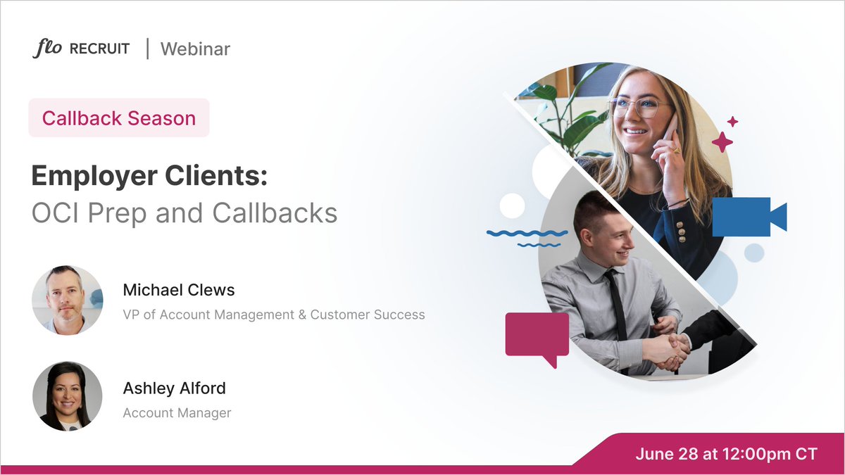 Flo Recruit is excited to once again share our tips, tricks, and best practices for the upcoming OCI and callbacks season in our upcoming webinar:

Employer Clients: OCI Prep and Callbacks, Tuesday June 28th at noon CT / 1pm ET 
bit.ly/3zW0nnT