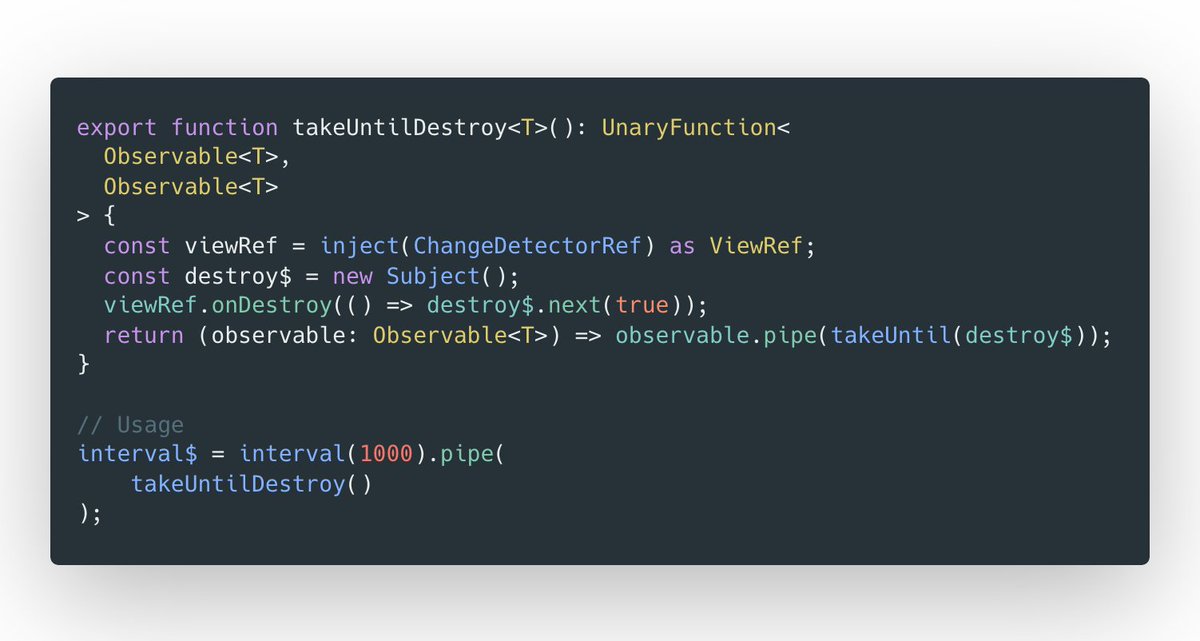 Hey #Angular friends. I am curious what do you think of this? An RxJs takeUntilDestroy operator implemented with the new inject function?

👍 Like
👎 Dislike
💭 Thoughts