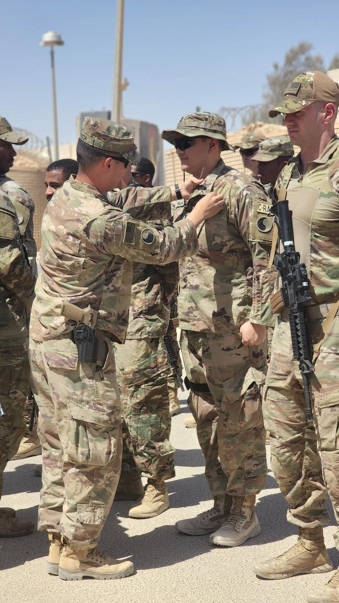 VaNationalGuard's tweet image. These 1-111th FA Soldiers received the Combat Action Badge for their for their response to an enemy attack on Al Asad Airbase in Iraq, April 8, 2022.  As an armed UAS approached the base, they employed the C-RAM, to shoot down the enemy threat.