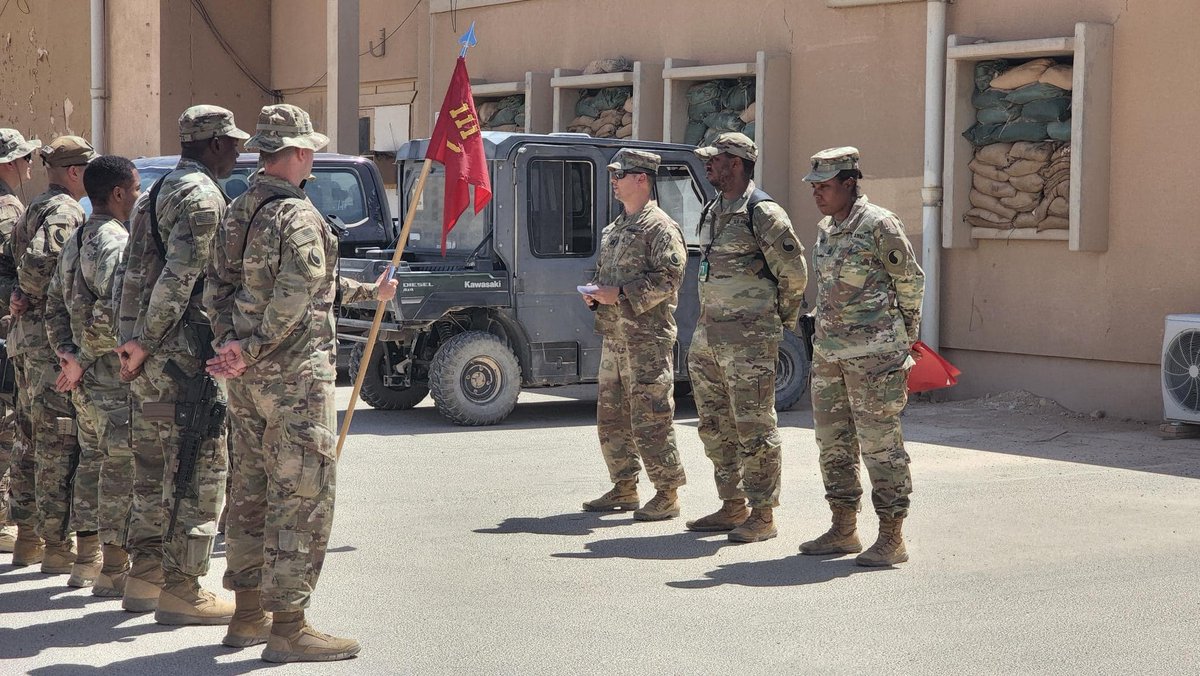 VaNationalGuard's tweet image. These 1-111th FA Soldiers received the Combat Action Badge for their for their response to an enemy attack on Al Asad Airbase in Iraq, April 8, 2022.  As an armed UAS approached the base, they employed the C-RAM, to shoot down the enemy threat.