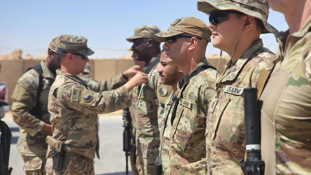 VaNationalGuard's tweet image. These 1-111th FA Soldiers received the Combat Action Badge for their for their response to an enemy attack on Al Asad Airbase in Iraq, April 8, 2022.  As an armed UAS approached the base, they employed the C-RAM, to shoot down the enemy threat.