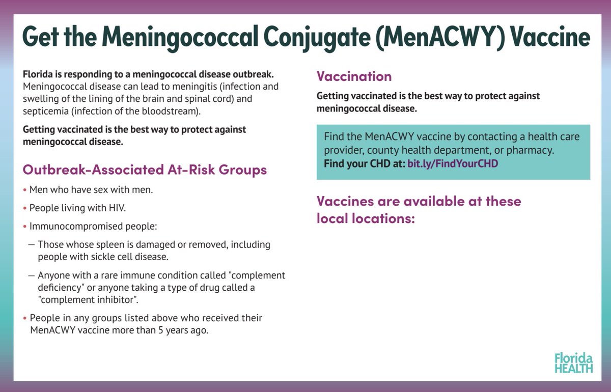 DohOrange's tweet image. we are responding to a Meningococcal outbreak in @OrangeCoFL 
☑️It can be prevented &amp;amp; treated 
☑️Get vaccinated, the best way to protect yourself
☑️contact your health care provider, county health dept. or pharmacy for the vaccine
☑️call DOH-Orange 407-723-5004 @citybeautiful