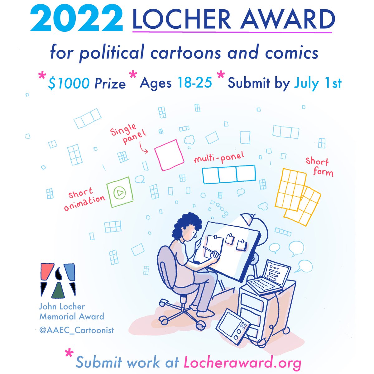 LocherAward's tweet photo. The Locher Award from @AAEC_Cartoonist looks for cartoons and short comics with clear opinions and strong artistry, and has recognized some amazing work over the past five years! We wanted to highlight a few pieces from past winners (1/7) https://t.co/dJaVx58u3v