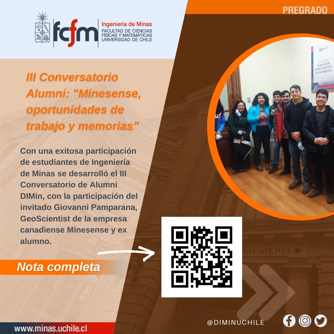 DIMINUchile's tweet image. CHARLA* Con una exitosa participación de estudiantes de Ingeniería de Minas se desarrolló el III Conversatorio de Alumni DIMin, con la participación del invitado Giovanni Pamparana, GeoScientist de la empresa canadiense Minesense y ex alumno.

#ingeniería #minesense #alumni #cam