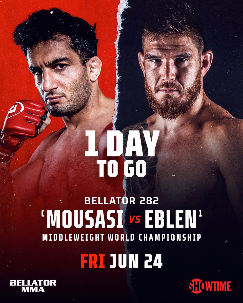 Only ☝️ day to go! 

Don't miss the epic clash for the Middleweight title tomorrow night when @Mousasi_MMA takes on <a href="/JohnnyEblen/">Johnny Eblen</a> at #Bellator282 LIVE on @SHOSports.