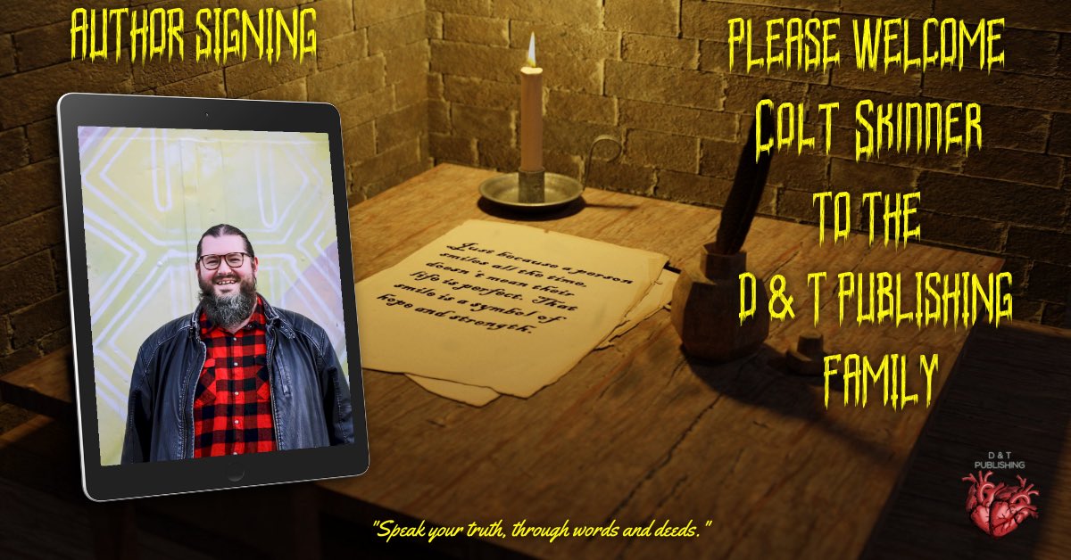 D&T Publishing - proudly female owned (@dandtpublishing) on Twitter photo 🏍🏍
Welcome <a href="/Scary_Skinner/">Colt Skinner</a> to the D&T family! We will be publishing his book, THE GOD DAMN DEAD. Biker club, zombies, vampires, all the things! If you’ve read his story, “Your English Is Good”, you might be familiar with one of the characters 😉
Welcome to the D&T family, Colt 🏍🏍
Welcome <a href="/Scary_Skinner/">Colt Skinner</a> to the D&T family! We will be publishing his book, THE GOD DAMN DEAD. Biker club, zombies, vampires, all the things! If you’ve read his story, “Your English Is Good”, you might be familiar with one of the characters 😉
Welcome to the D&T family, Colt