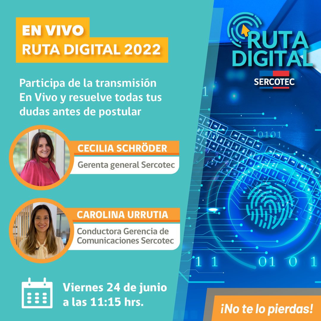 SERCOTECSexta's tweet photo. ¿Tienes dudas sobre #RutaDigital2022? 📣
 
📍Haz llegar tus consultas a través de Instagram, Facebook o Twitter y las resolveremos en nuestra transmisión en vivo.
 
Te esperamos MAÑANA viernes a las 11:15 hrs desde nuestro Instagram @sercotec_cl 🙌🏻 https://t.co/zFvgh5IH5P