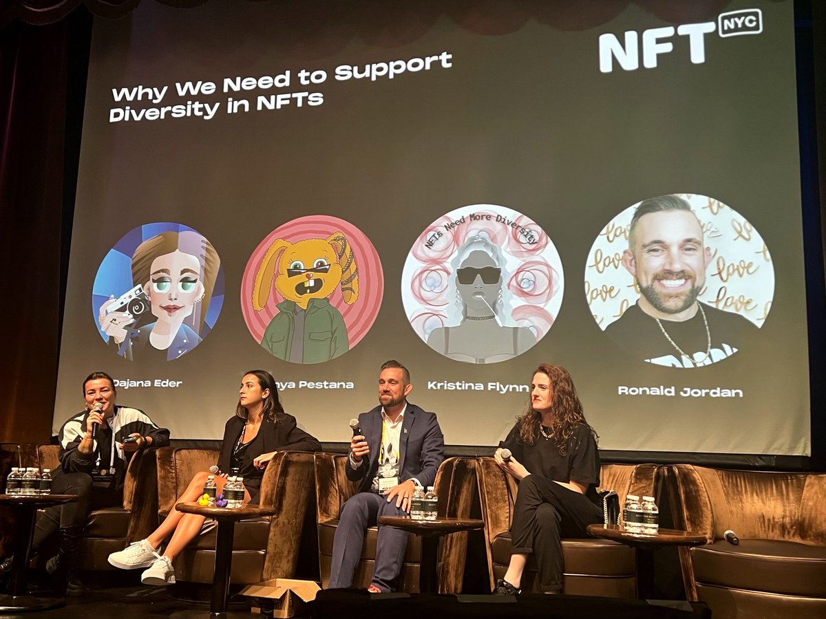 <a href="/NFT_NYC/">NFT.NYC</a>: we need to talk about race. Today, #NFTNYC’s “Why We Need to Support Diversity in NFTs” panel was…entirely white-presenting 🫥 The panel began by RECOGNIZING IT…
<a href="/BaronDavis/">Baron Davis</a> @DKleine <a href="/tessakaneene/">Tessa Kaneene</a> @iamadrianswish <a href="/SpottieWiFi/">SPOTTIE WIFI 🛜</a>
<a href="/evacmovement/">EVAC Movement</a> <a href="/aloeblacc/">Aloe Blacc</a> <a href="/lora_oconnor/">Lora O'Connor</a>