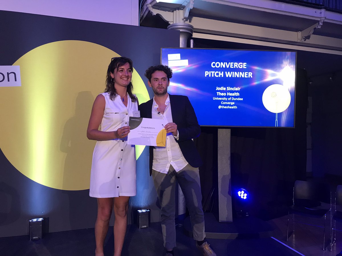 ConvergeC's tweet photo. And scooping the audience vote in the Converge category is Jodie Sinclair @dundeeuni  from @theohealth The competition was incredibly stiff so we really take our hats off to you! Thanks to all tonight's pitchers for giving it their all. We salute you! #InsideInnovation https://t.co/vIaPazS3Kw