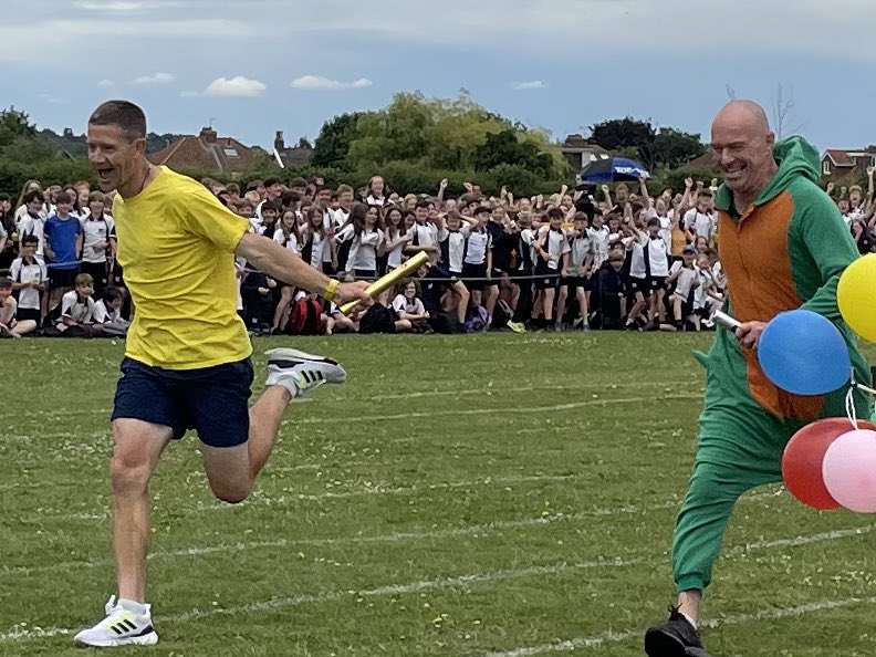 GordanoPE's tweet photo. Mr Dickinson can’t hide his delight at winning the staff relay #goportland https://t.co/PwKBf2CLXb