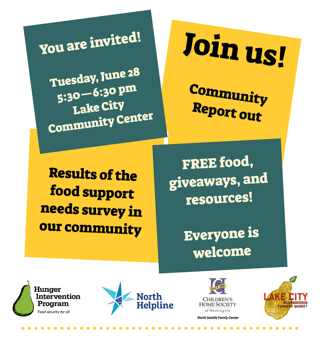 Join North Helpline, <a href="/HIP/">Hunger Intervention Program</a>, @CHSWashington, and <a href="/SeattleFarmMkts/">Seattle Farmers Mkts</a>, for a community report out! We’ve been working together, learning about the local impacts of hunger. This Tuesday, June 28th, we’ll be sharing the results of this work, and invite community members to participate.
