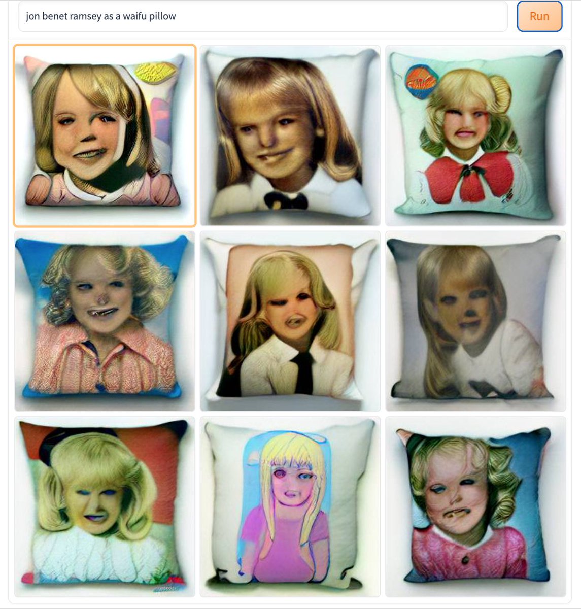 CursedDallEGens's tweet photo. Jon Benet Ramsey as a #waifu pillow. #dalle #dallemini #weirddalle #curseddalle #cursed https://t.co/JrivY1UqXS
