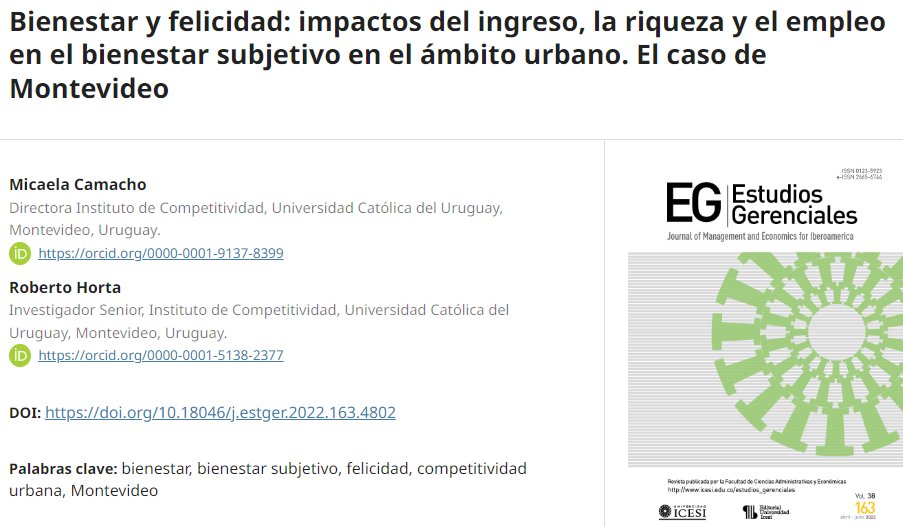 RobertoJHB's tweet photo. El bienestar, sus componentes y determinantes han retomado importancia en la teoría económica. El objetivo del estudio es conocer el impacto del bienestar objetivo en la felicidad (bienestar subjetivo) en el ámbito urbano, para el caso de Montevideo
https://t.co/XrTR1RqgBx https://t.co/wo0mFBHA9r