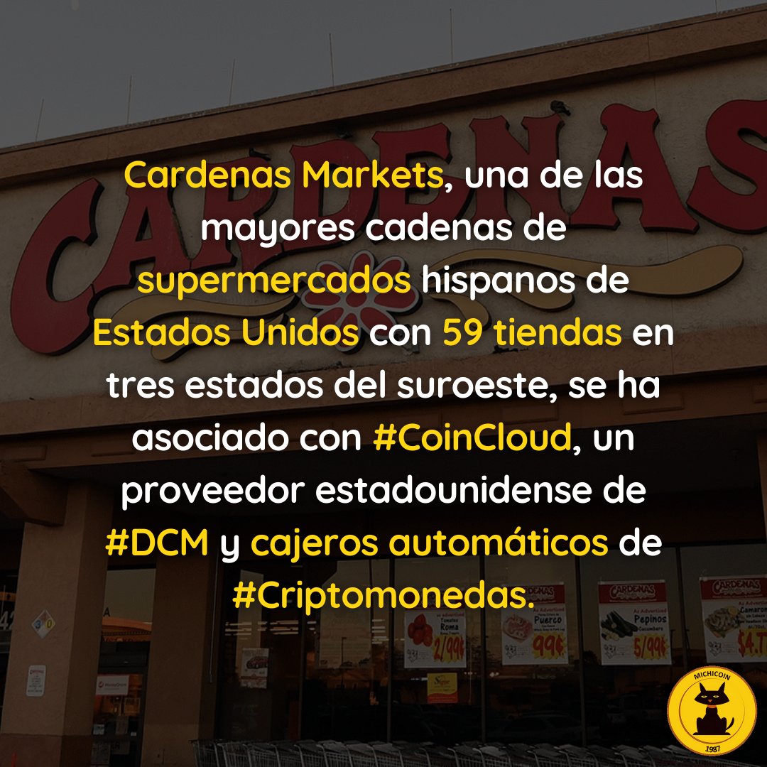 _michicoin's tweet photo. Los clientes de #CardenasMarkets podrán comprar y vender #criptos por dinero en efectivo en todas las tiendas a través de cajeros automáticos. 🙌
#bitcoinnews #cryptonews #cryptocurrencies #metaverse #nftnews #bitcoin #metaversenews #loultimo #michicoin #blockchain #binance https://t.co/Ju4sd9OBCd