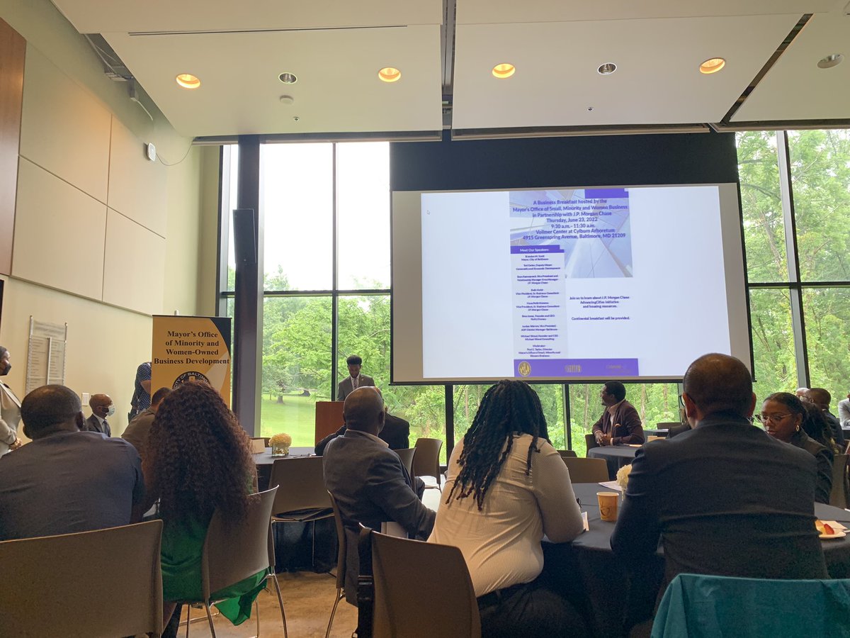 Attended Mayor’s Office of Small Minority and Women Business breakfast highlighting JP Morgan Chase support for small businesses in Baltimore. Mayor Brandon Scott gave opening remarks.