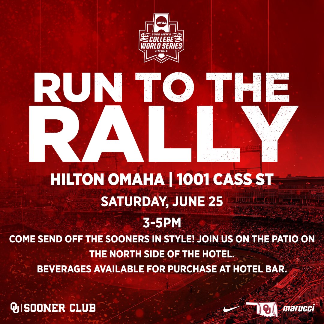 OU_Baseball's tweet photo. 𝐑𝐮𝐧 𝐭𝐨 𝐭𝐡𝐞 𝐑𝐚𝐥𝐥𝐲
Come tailgate for the champ series opener and send off the #Sooners at the Hilton Omaha!
📆 Saturday, June 25
⏰ 3-5 p.m.
📍 Hilton Omaha lobby/outdoor patio
#OklahOMAHA https://t.co/WQmXdJYxOd