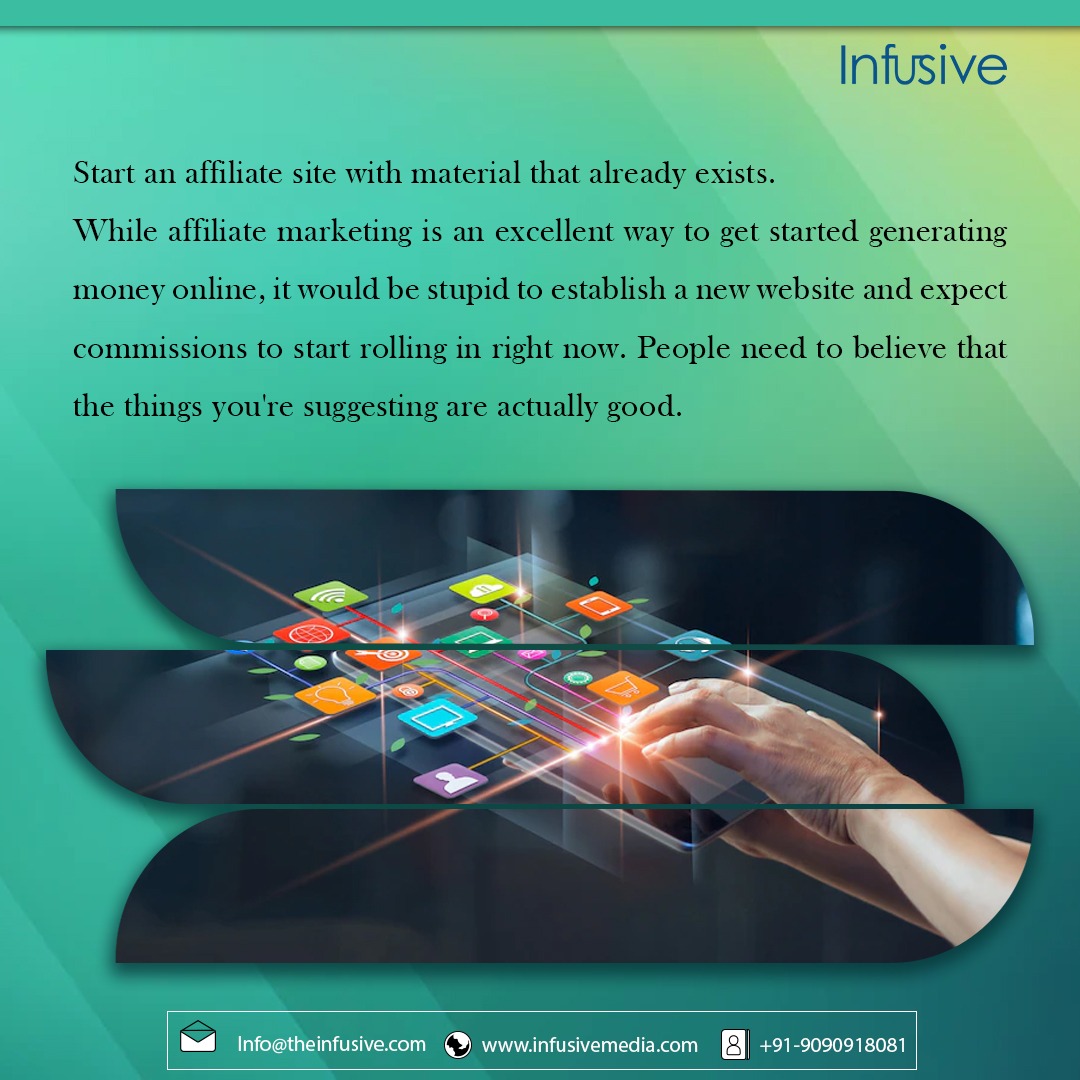 DigitalInfusive's tweet photo. Start an affiliate site with material that already exists.
While affiliate marketing is an excellent way to get started generating money online, it would be stupid to establish a new website and expect commissions to start rolling in right now. 
#affiliatemarketing https://t.co/cux7EoXEOi